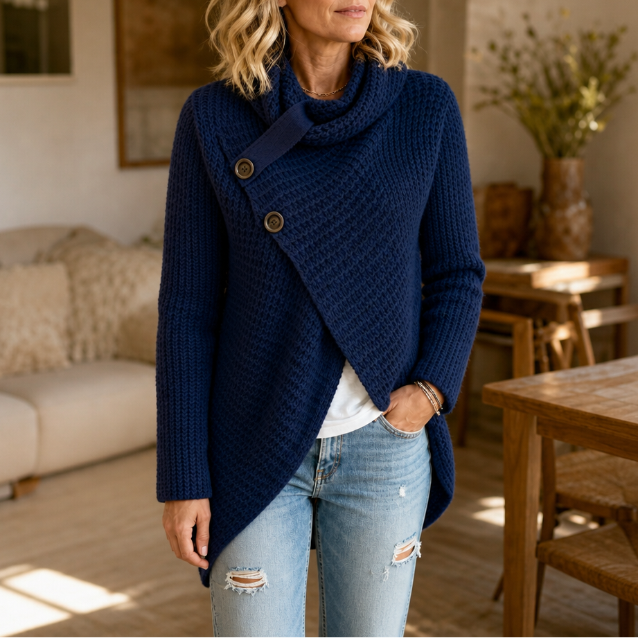 Navy blue version of the asymmetric cowl neck button sweater styled with jeans.