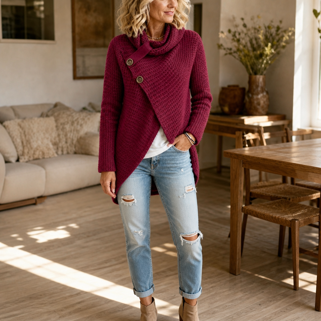 Burgundy version of the asymmetric cowl neck button sweater worn with cuffed jeans.