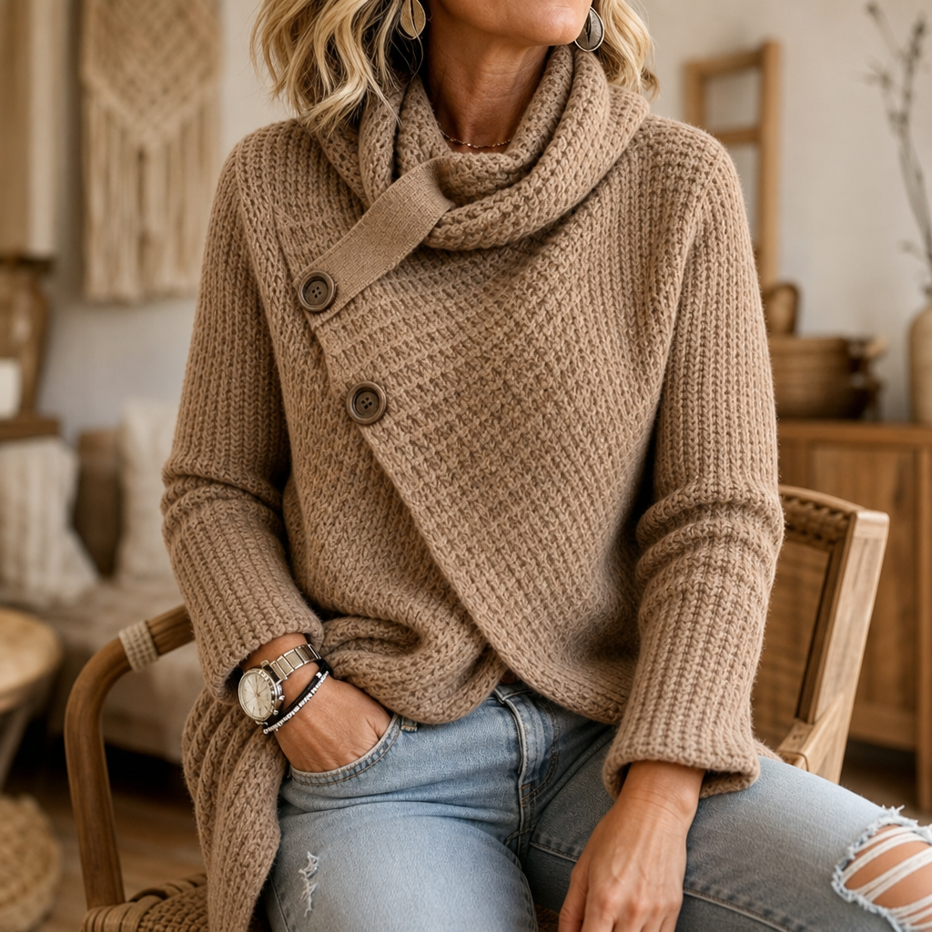 Close view of the taupe sweater’s draped cowl neckline, buttoned overlapping front, and long sleeves while seated.