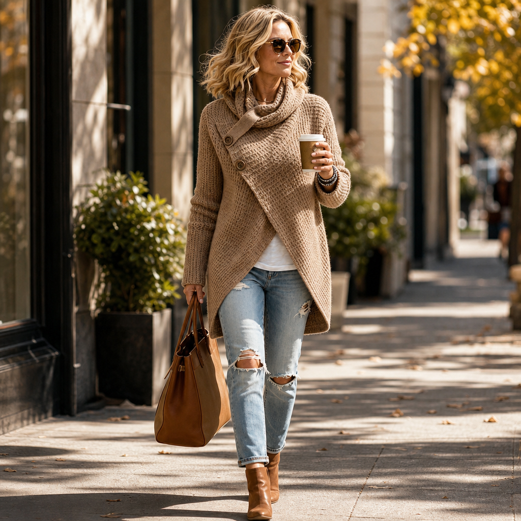 Taupe asymmetric sweater styled for a walk with jeans, ankle boots, a handbag, and a takeaway cup.