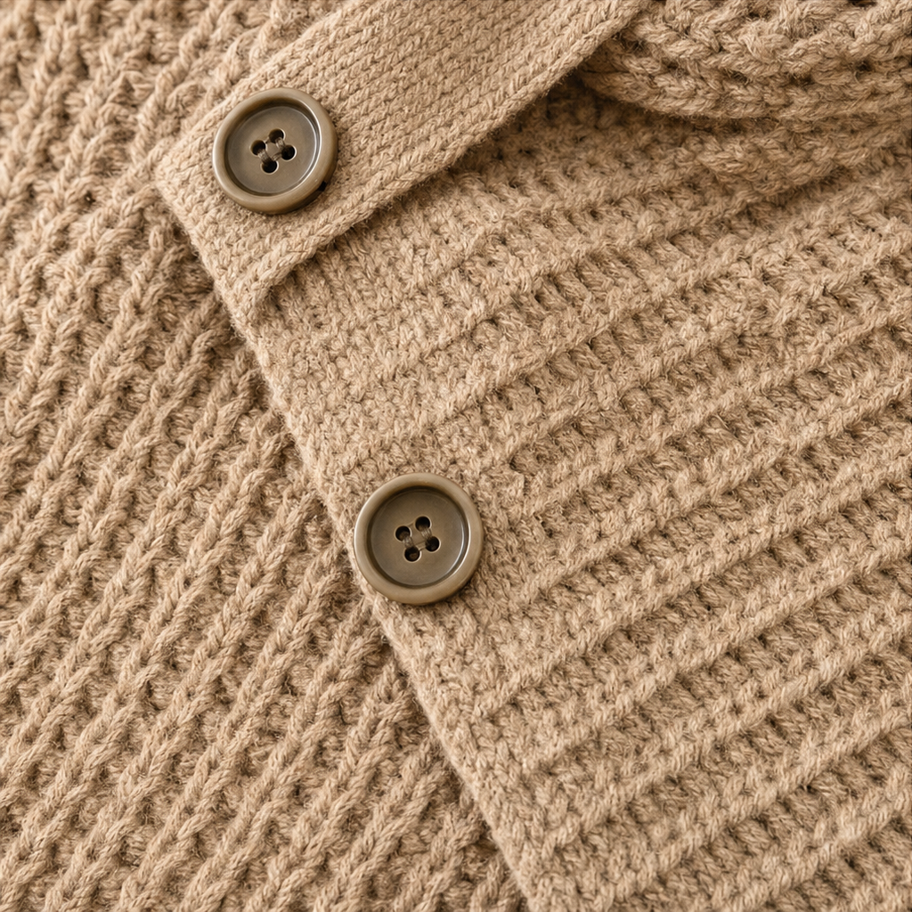 Close-up of the sweater’s two round buttons securing the overlapping asymmetric front.
