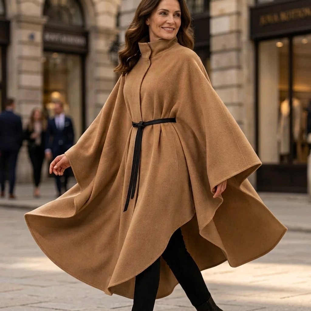 Side view of the camel cape coat highlighting its wide draped sleeves, open asymmetric front, and cinched waist.