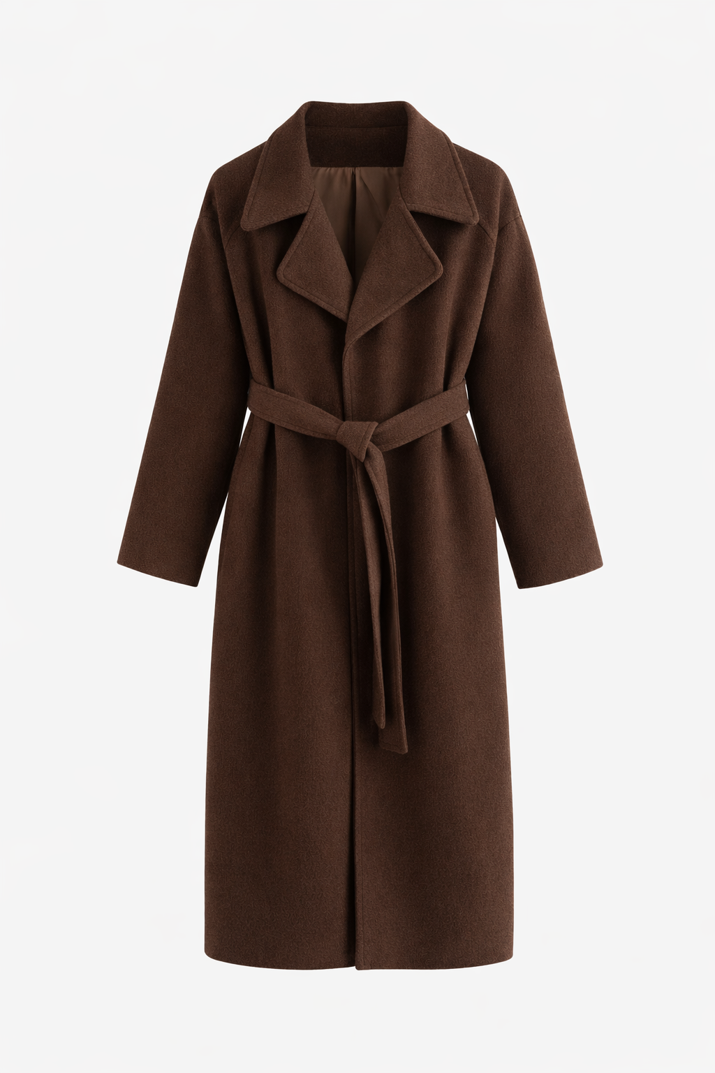 Dark brown belted wrap coat shown from the front with a closed overlap and wide lapel collar.