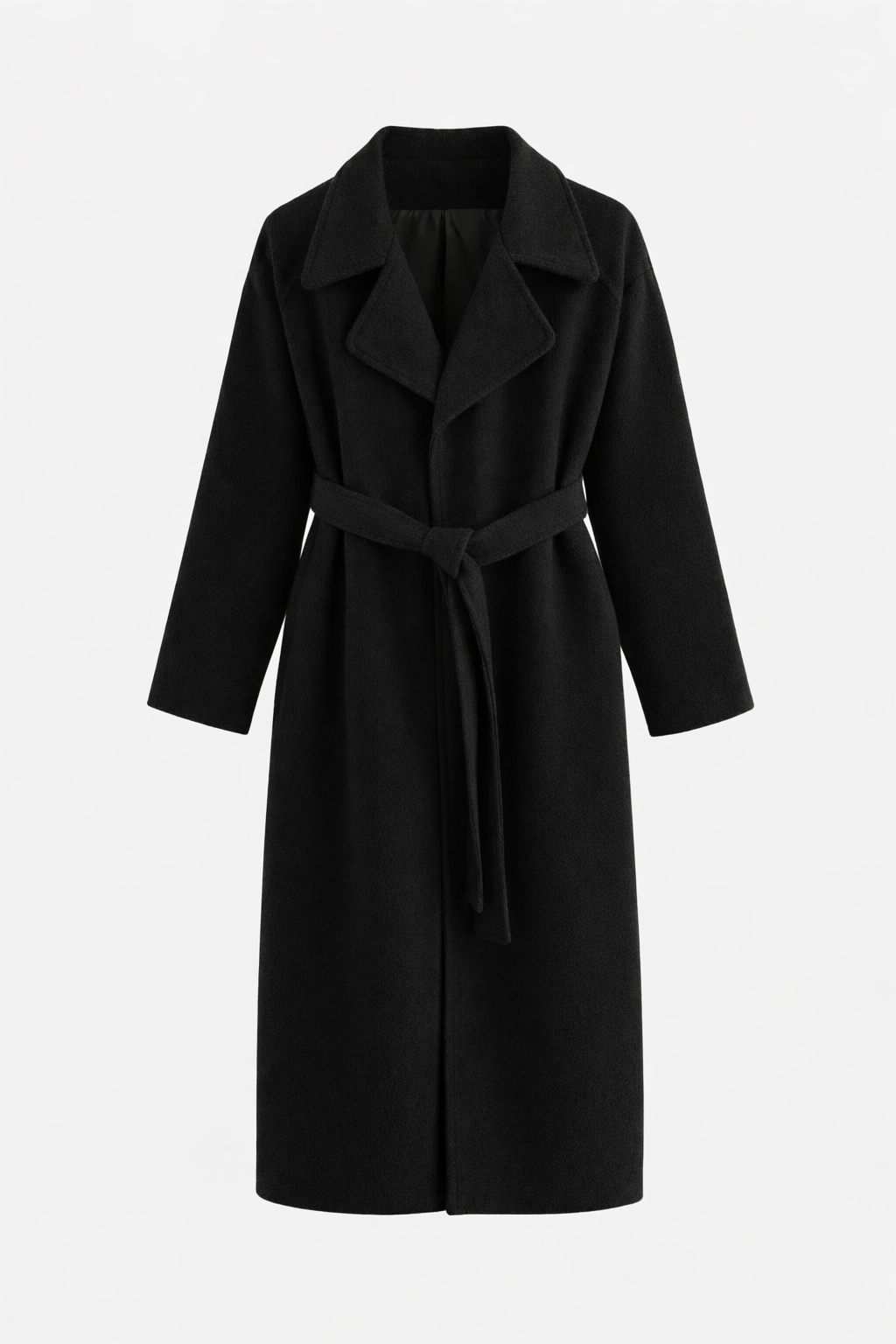 Black long wrap coat with wide lapels, long sleeves, and a belt cinched at the waist.
