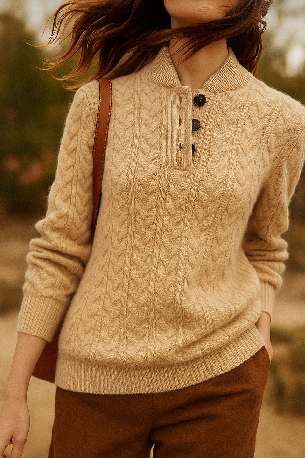 Front view of the beige cable knit sweater styled with brown trousers and a shoulder bag.