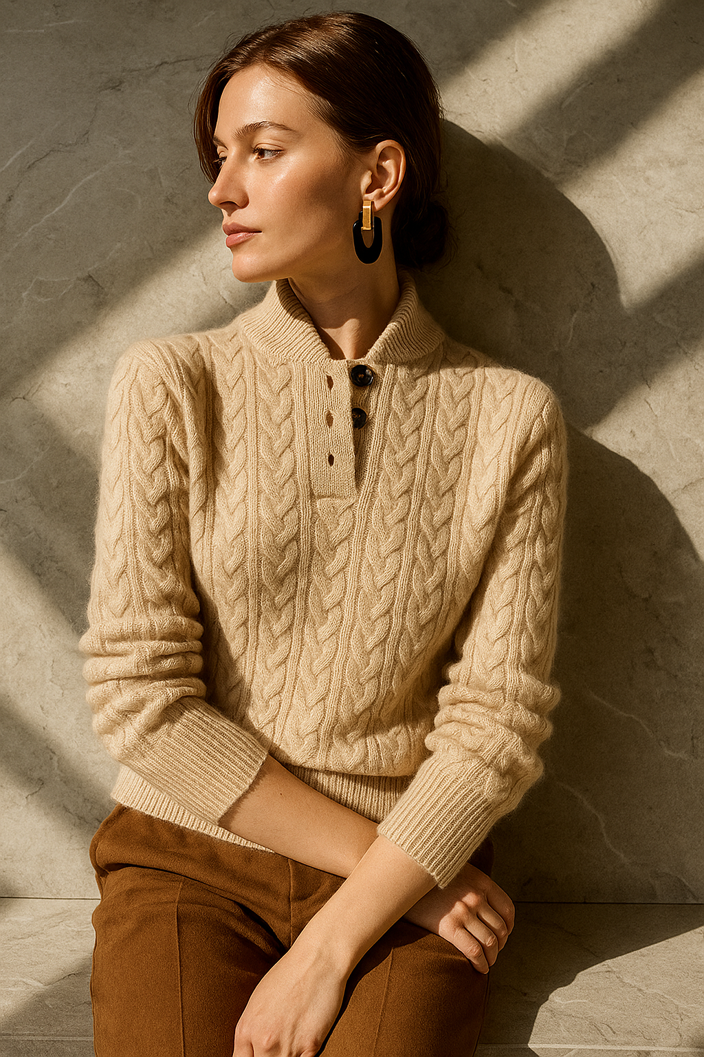 Seated model wearing the beige cable knit sweater with its collar buttoned and sleeves pushed toward the forearms.