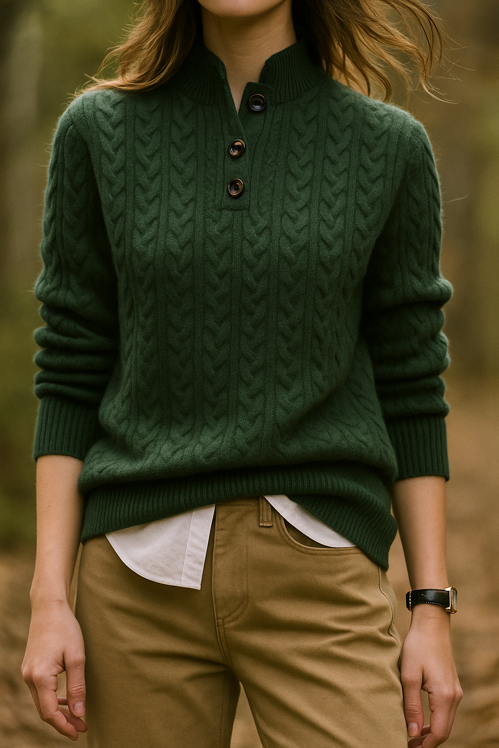 Model wearing the sweater in dark green with the stand collar partly buttoned and the ribbed hem visible.