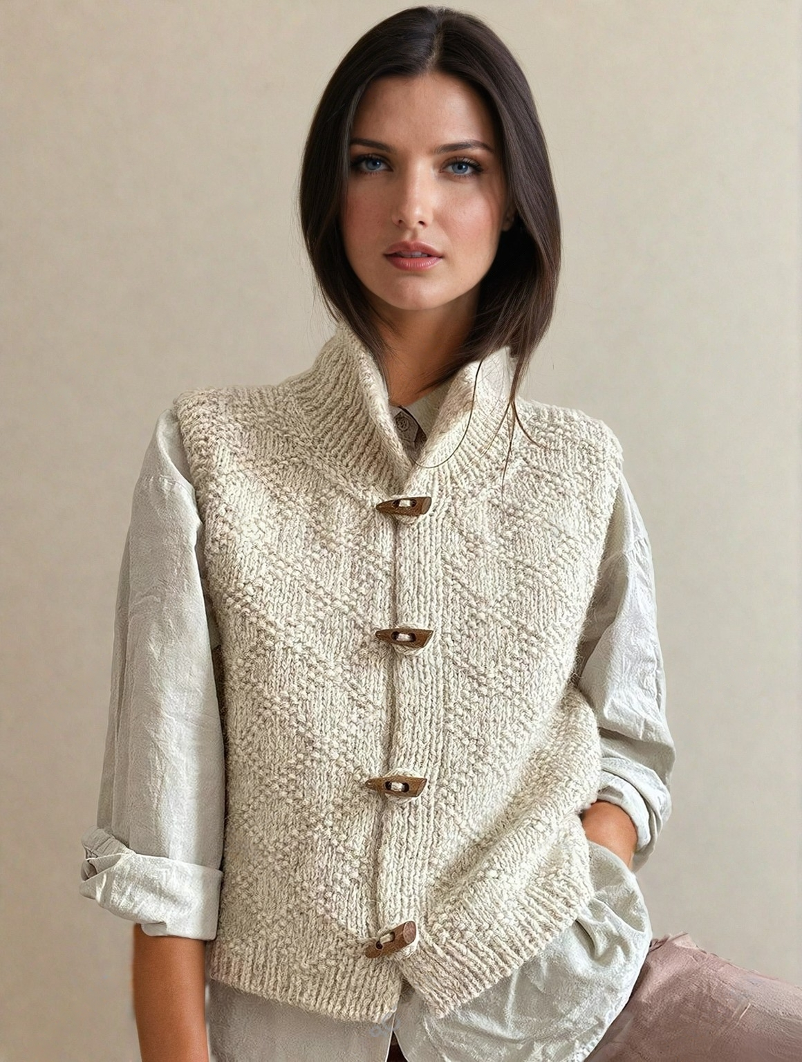 Model wearing the cream chunky knit vest over a rolled-sleeve white shirt, with all four toggles fastened and hands in pockets.