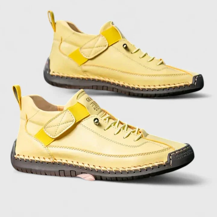 Yellow sneakers displayed separately in profile, featuring contrasting straps, laces, pull tabs, and textured dark outsoles.