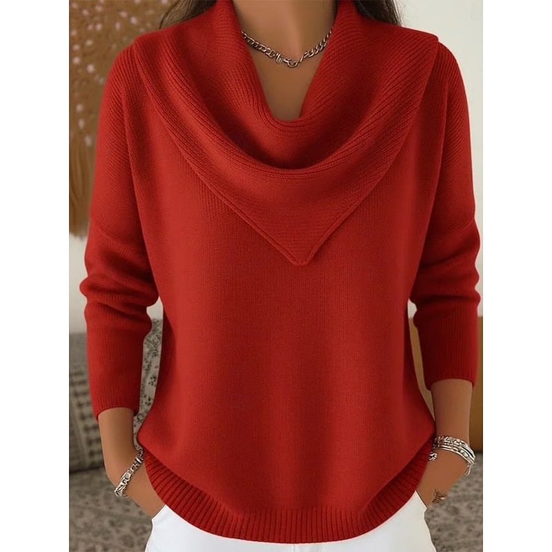 Front view of the cowl neck sweater in red, displaying the draped neckline and ribbed sleeve cuffs.
