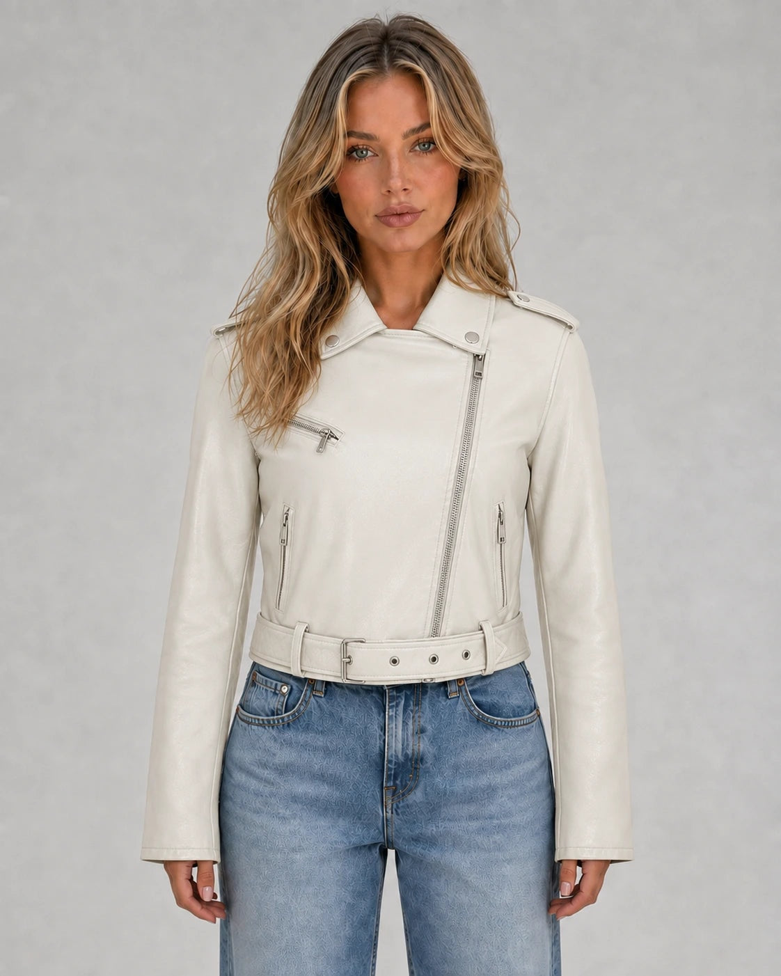 Front view of the cropped biker jacket in white with an asymmetrical zip, notched lapels, shoulder epaulettes, belted waist, and zip pockets.