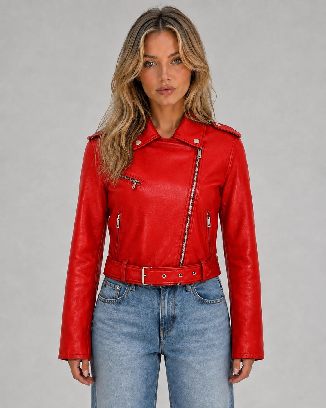 Front view of the cropped biker jacket in red with an asymmetrical zip, notched lapels, shoulder epaulettes, belted waist, and zip pockets.