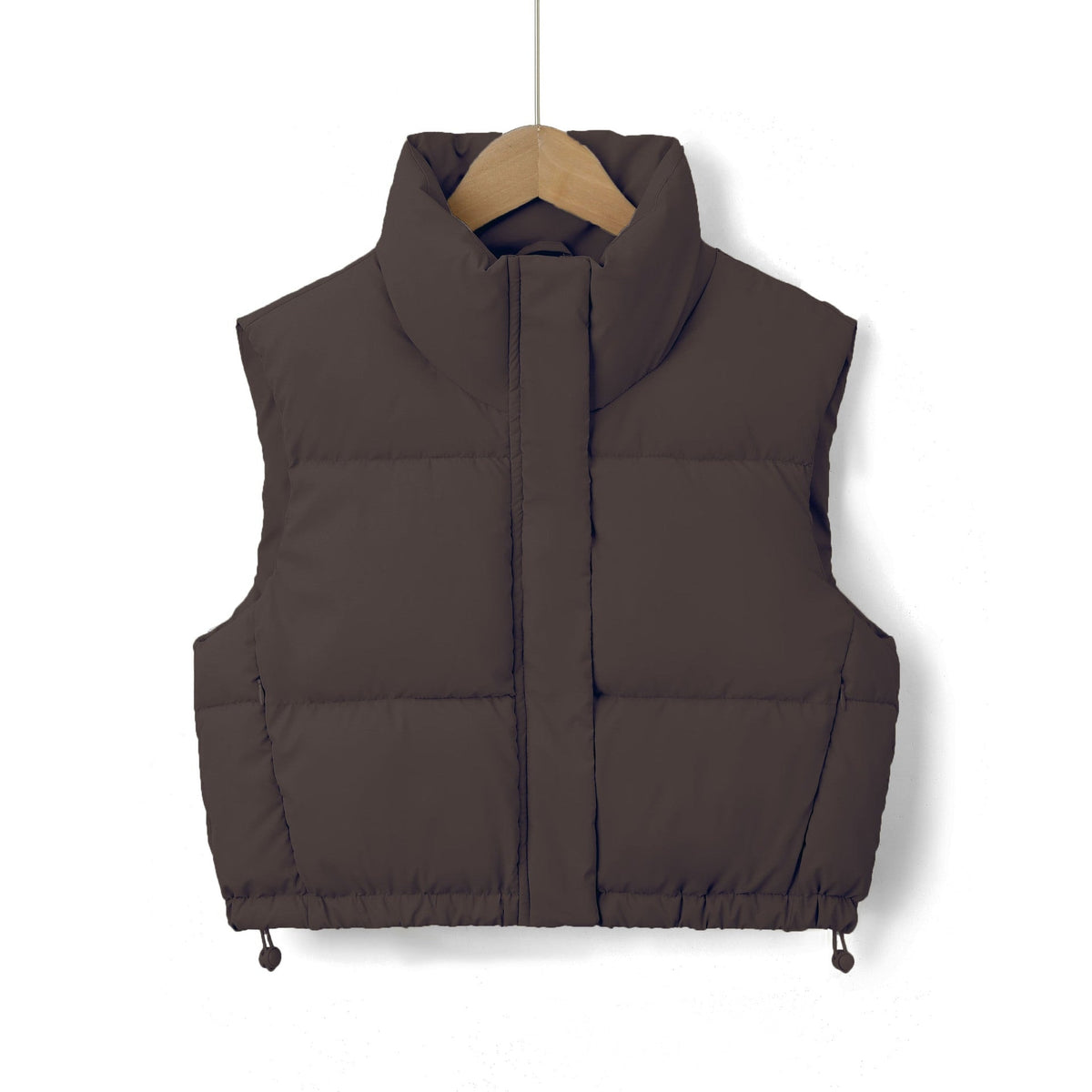 Dark brown cropped quilted puffer vest with a high stand collar, concealed front zip, and adjustable drawstring hem.