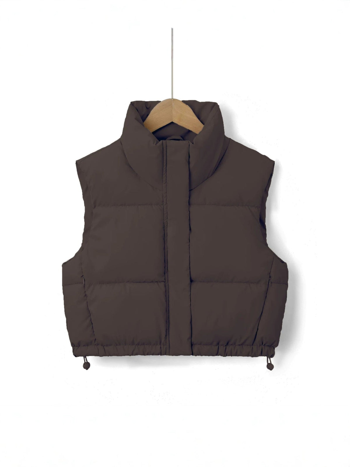Front view of the dark brown sleeveless puffer vest showing its cropped shape and horizontal quilting.