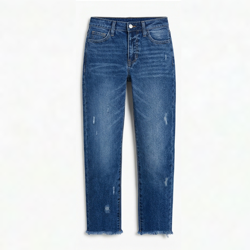 Full front view of dark blue cropped straight-leg jeans with light distressing and frayed hems.