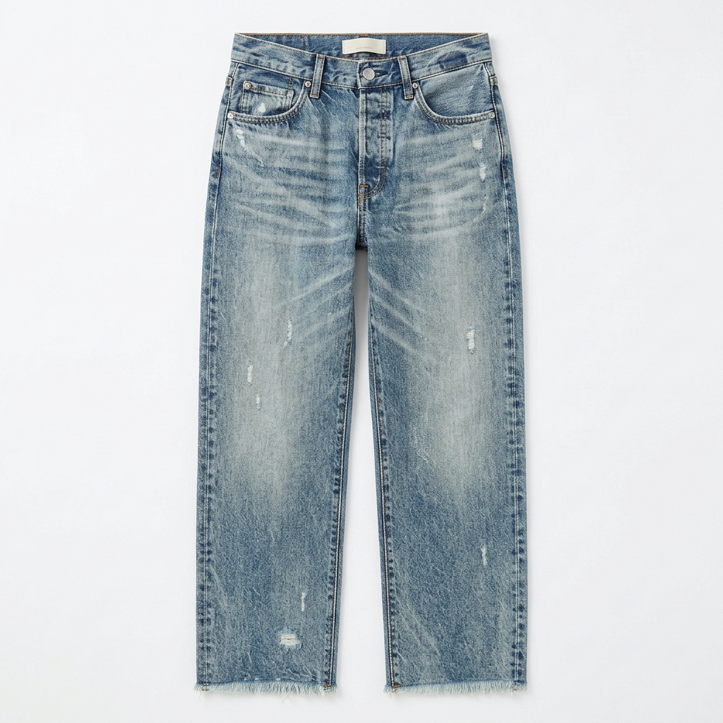 Full front view of light-wash cropped straight-leg jeans with subtle distressed marks and raw hems.
