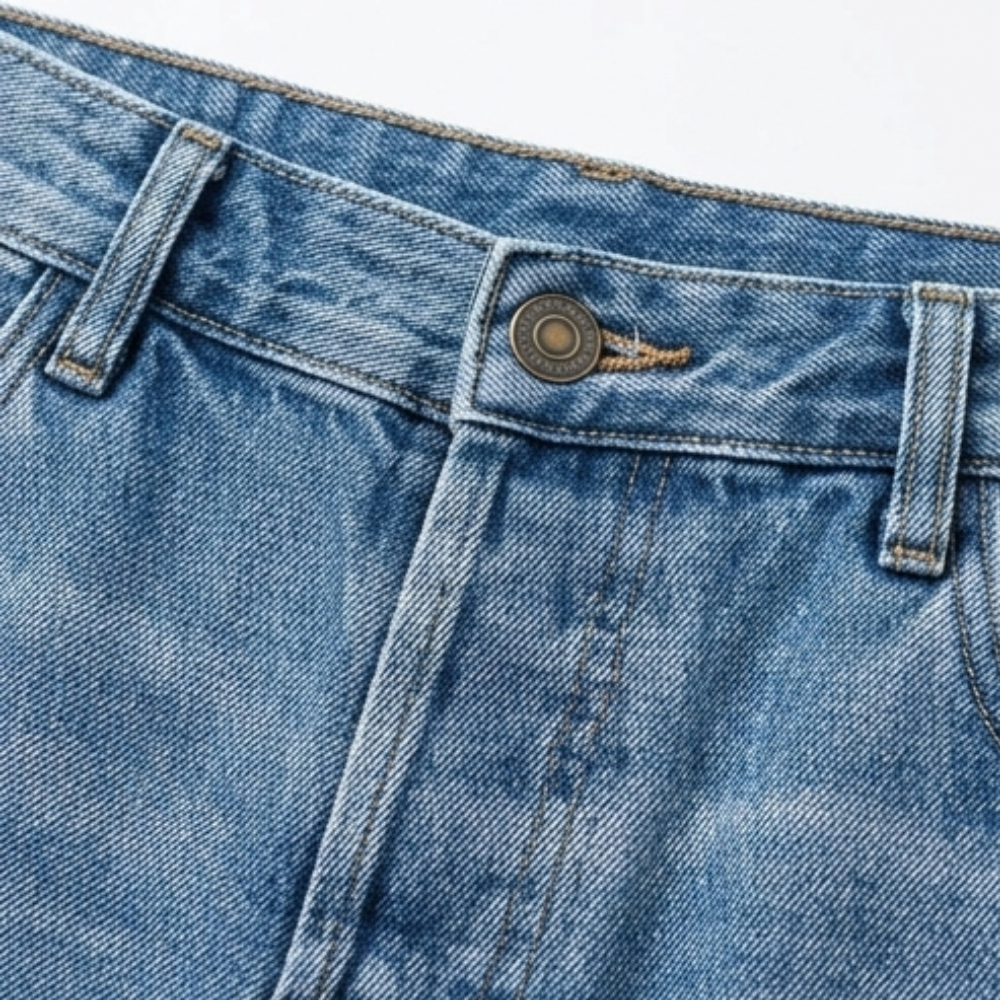 Close-up of the jeans’ front fly with button closure, waistband, belt loops, and topstitching.
