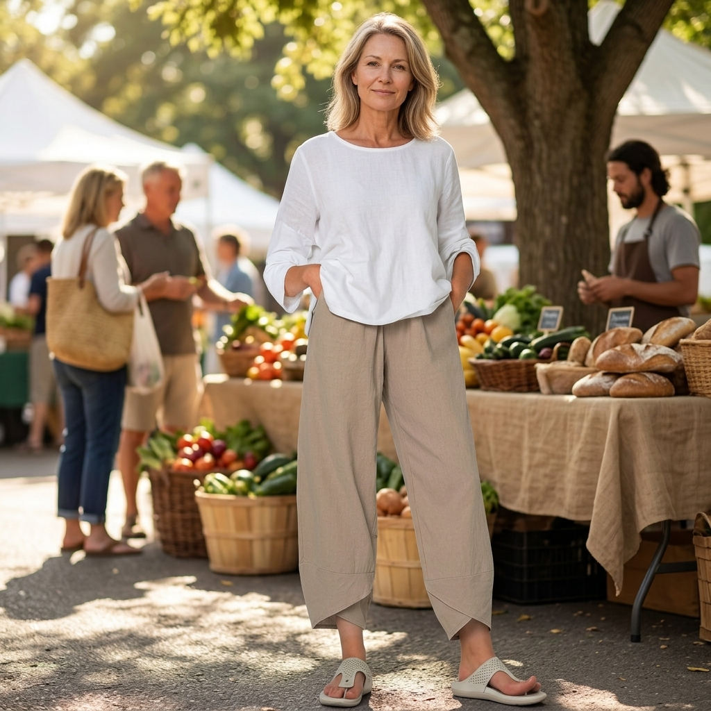 Full-length view of beige cropped wide-leg pants with an asymmetric crossover hem, elastic waist, and side pockets, styled at an outdoor market.