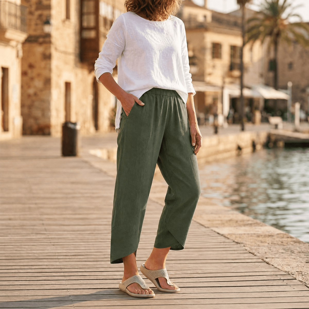 Front view of green cropped wide-leg pants with an elastic waistband, side pocket, and uneven crossover hems.