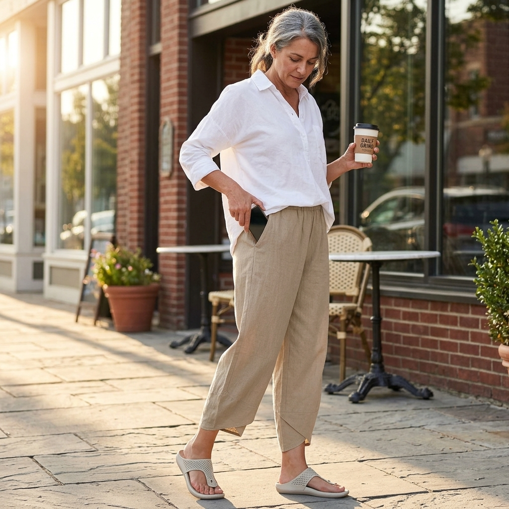Three-quarter view of beige cropped pants with an elastic waist, wide legs, side pocket, and asymmetric hems outside a café.