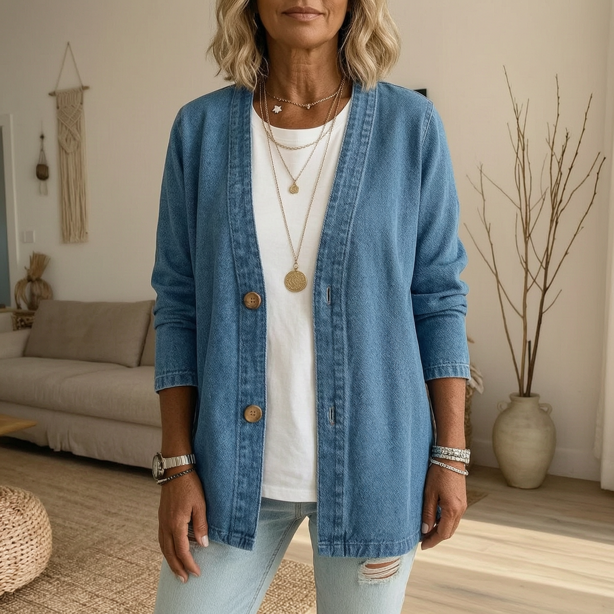 Blue denim jacket with an open front, collarless V-neckline, long cuffed sleeves, hip-length fit, and decorative front buttons, styled over a white top indoors.