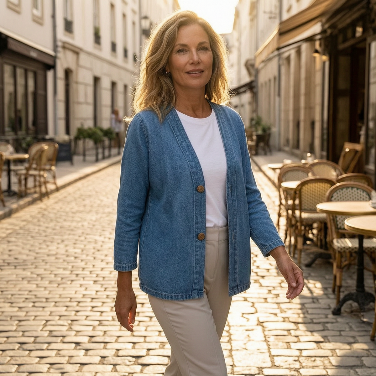 Blue open-front denim jacket with a collarless V-neckline and button details, shown worn over a white T-shirt with neutral trousers on a café-lined street.