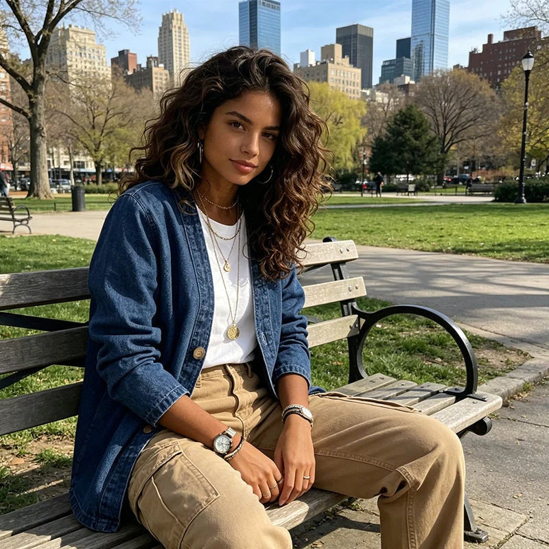 Dark blue denim jacket with an open front and decorative buttons, styled over a white top with tan trousers while seated on a park bench.