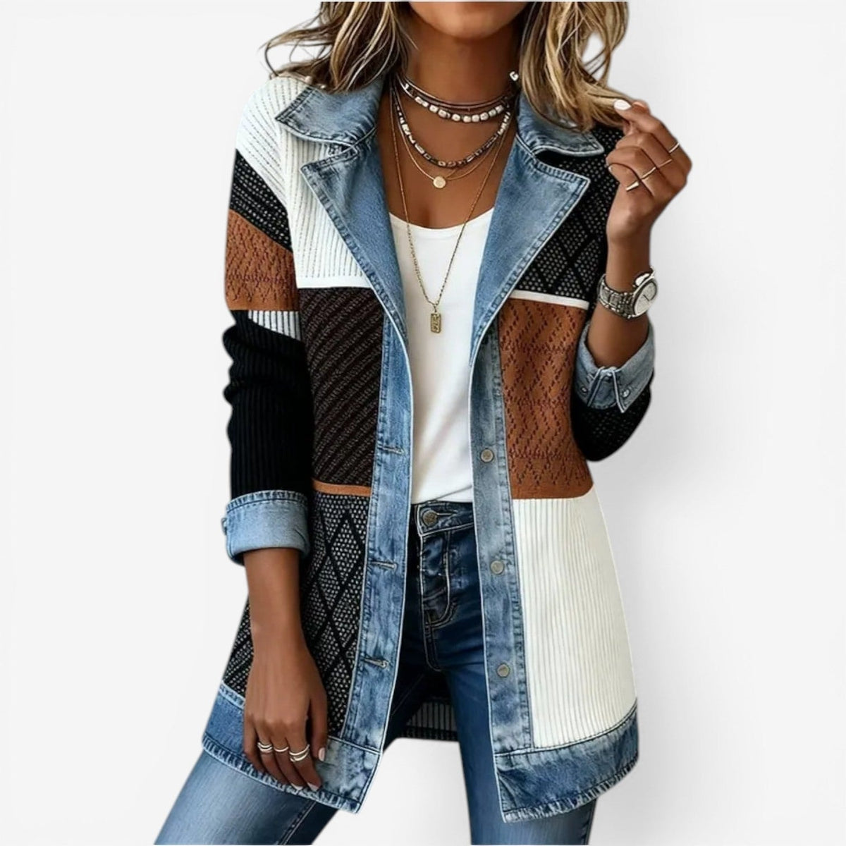 Longline jacket with a mixed patterned body, notched denim-look collar, blue trim, rolled cuffs, and button front.