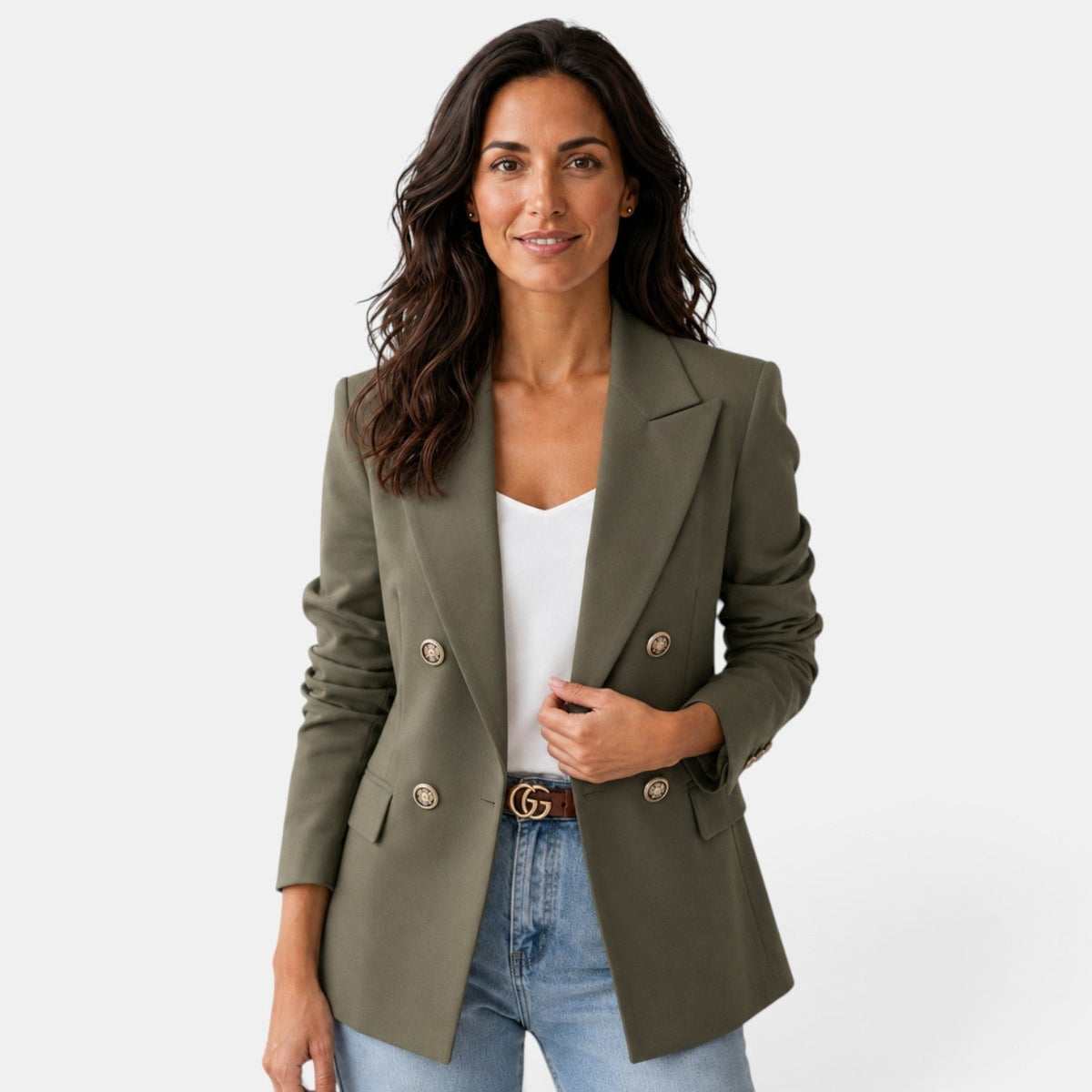 Front view of an olive green double-breasted blazer with notch lapels, gold-tone buttons, long ruched sleeves, and flap pockets.