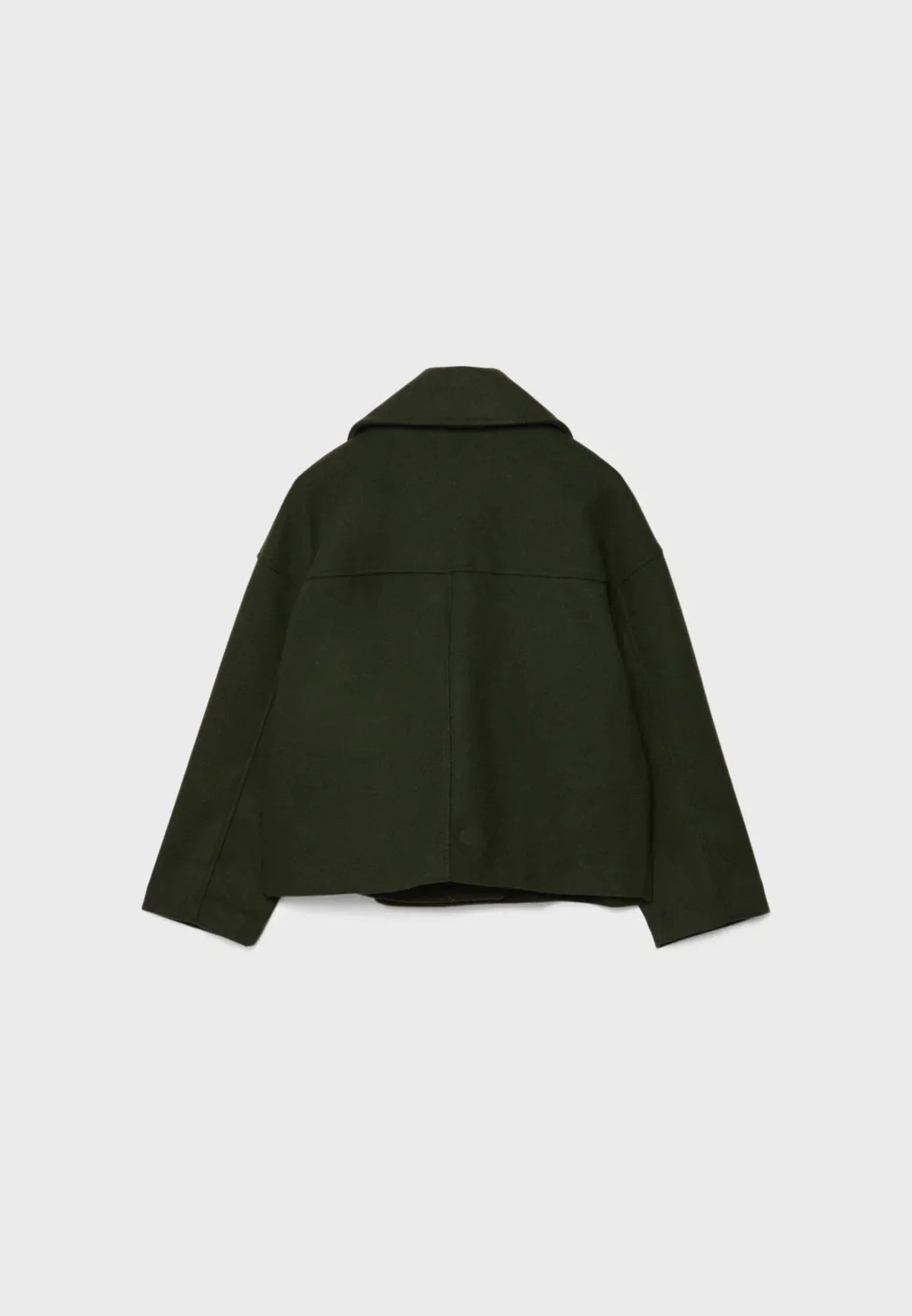 Olive green cropped jacket shown from the back, revealing the back yoke seam and center seam.