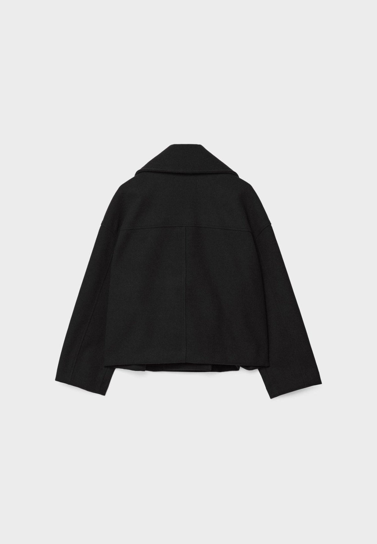 Black cropped jacket shown from the back with a broad back yoke and clean center seam.