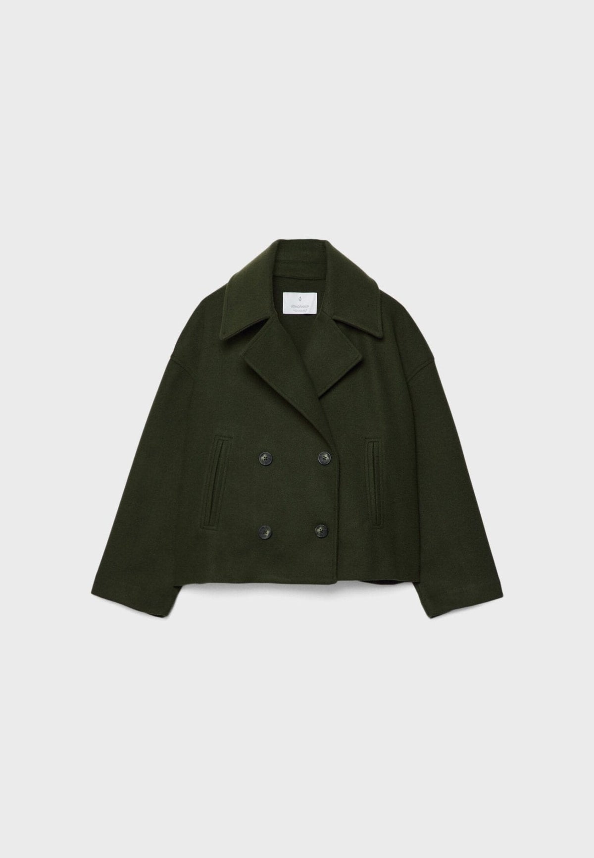 Olive green cropped jacket shown flat from the front with double-breasted buttons and slanted pockets.