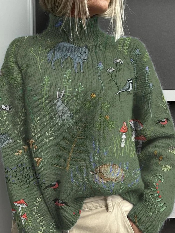 Green turtleneck sweater with woodland animal, bird, mushroom, and botanical embroidery, styled with light trousers.