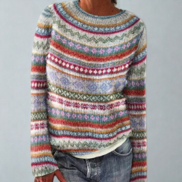 Multicolored Fair Isle crew neck sweater covered in horizontal geometric and floral-inspired bands, with long sleeves.