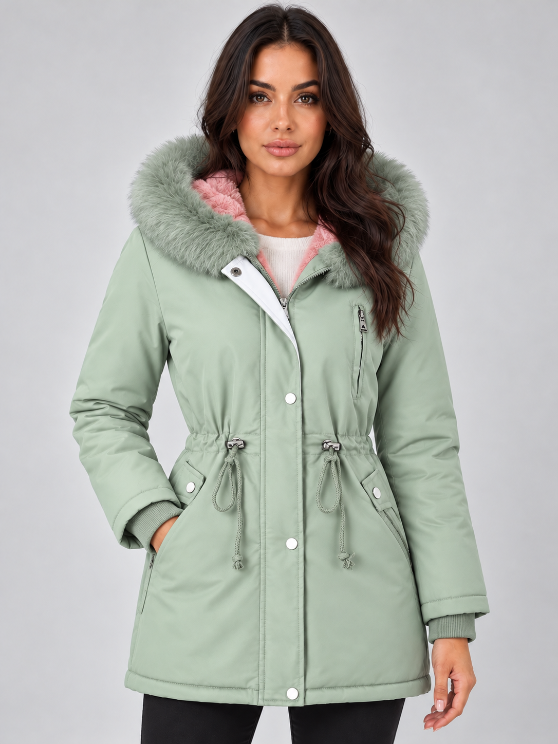 Front view of the parka in pale green with a matching faux fur hood trim, adjustable waist, and zipped chest pocket.