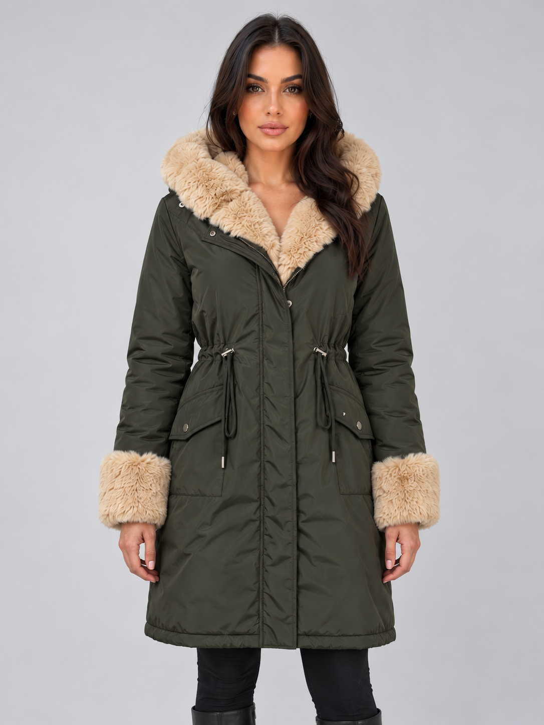 Front view of the parka in dark olive green with a faux fur-trimmed hood and cuffs, cinched waist, front closure, and flap pockets.