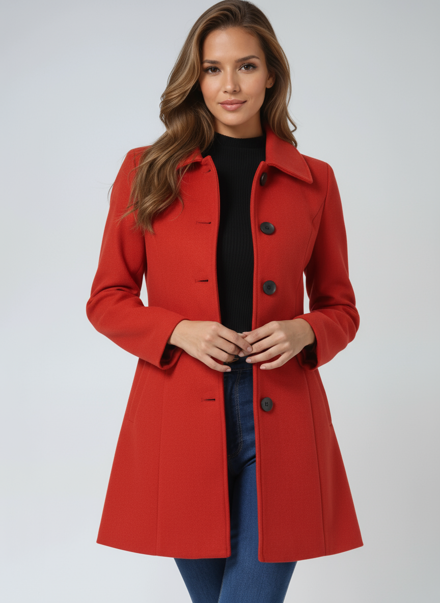 Bright red fit-and-flare coat worn open, showing the pointed collar, long sleeves, front buttons, and above-knee hem.