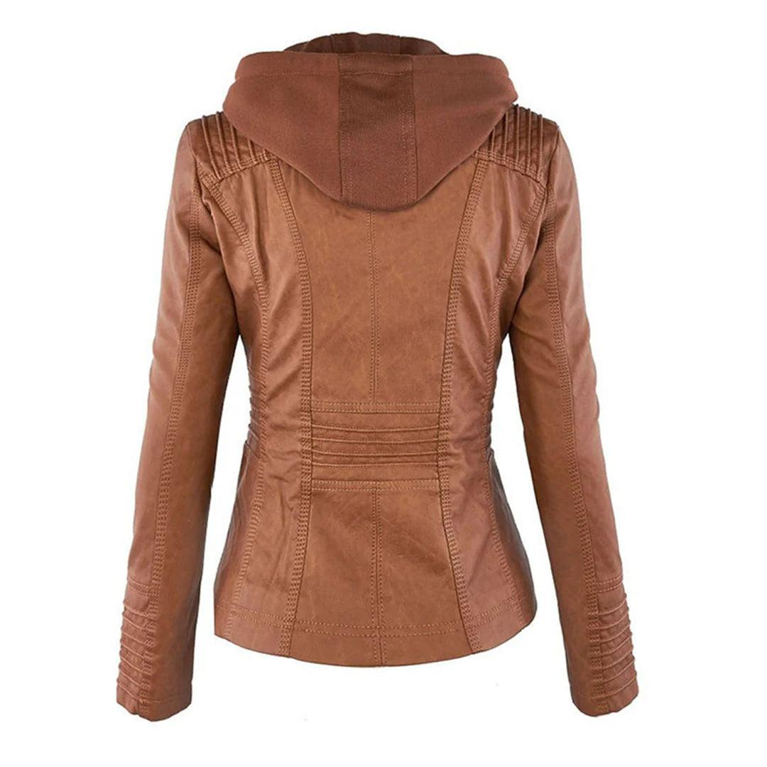 Back view of the brown hooded jacket showing the attached hood, fitted waist, stitched paneling, and horizontal back detailing.