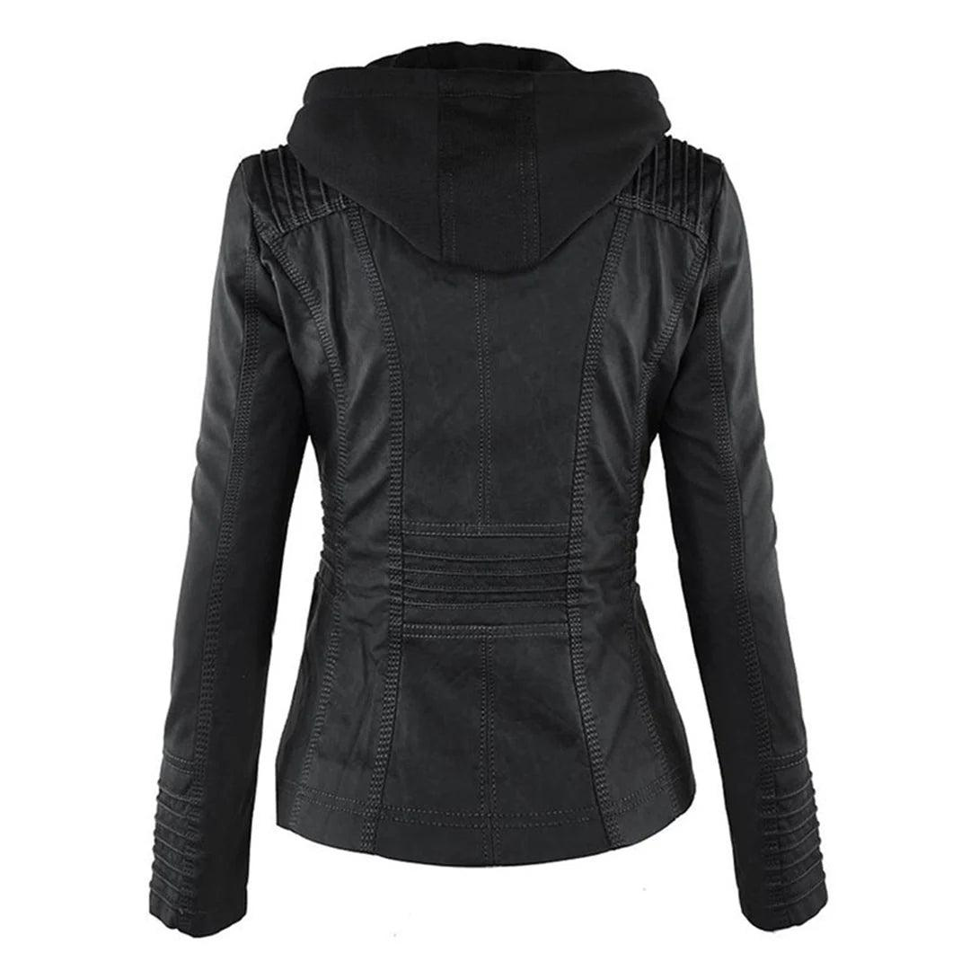 Back view of the black hooded jacket highlighting the attached hood, shaped waist, stitched panels, and horizontal lower-back detailing.