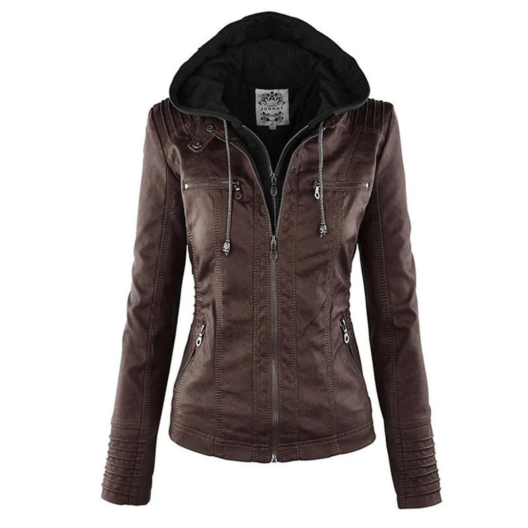 Front view of a fitted dark brown hooded jacket with drawstrings, a full-length zip, zippered chest and waist pockets, and structured cuffs.