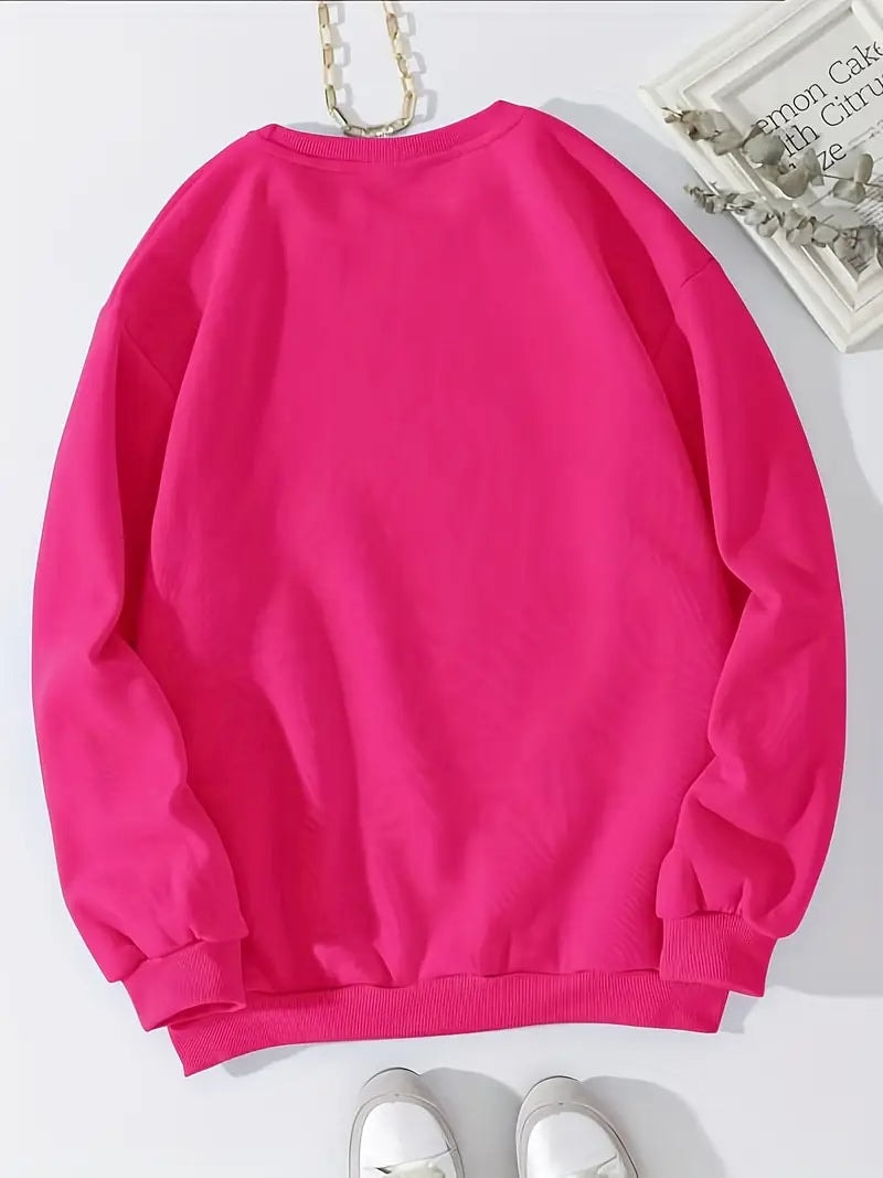 Back view of the bright pink crew neck sweatshirt displayed flat, showing the plain back and long sleeves.