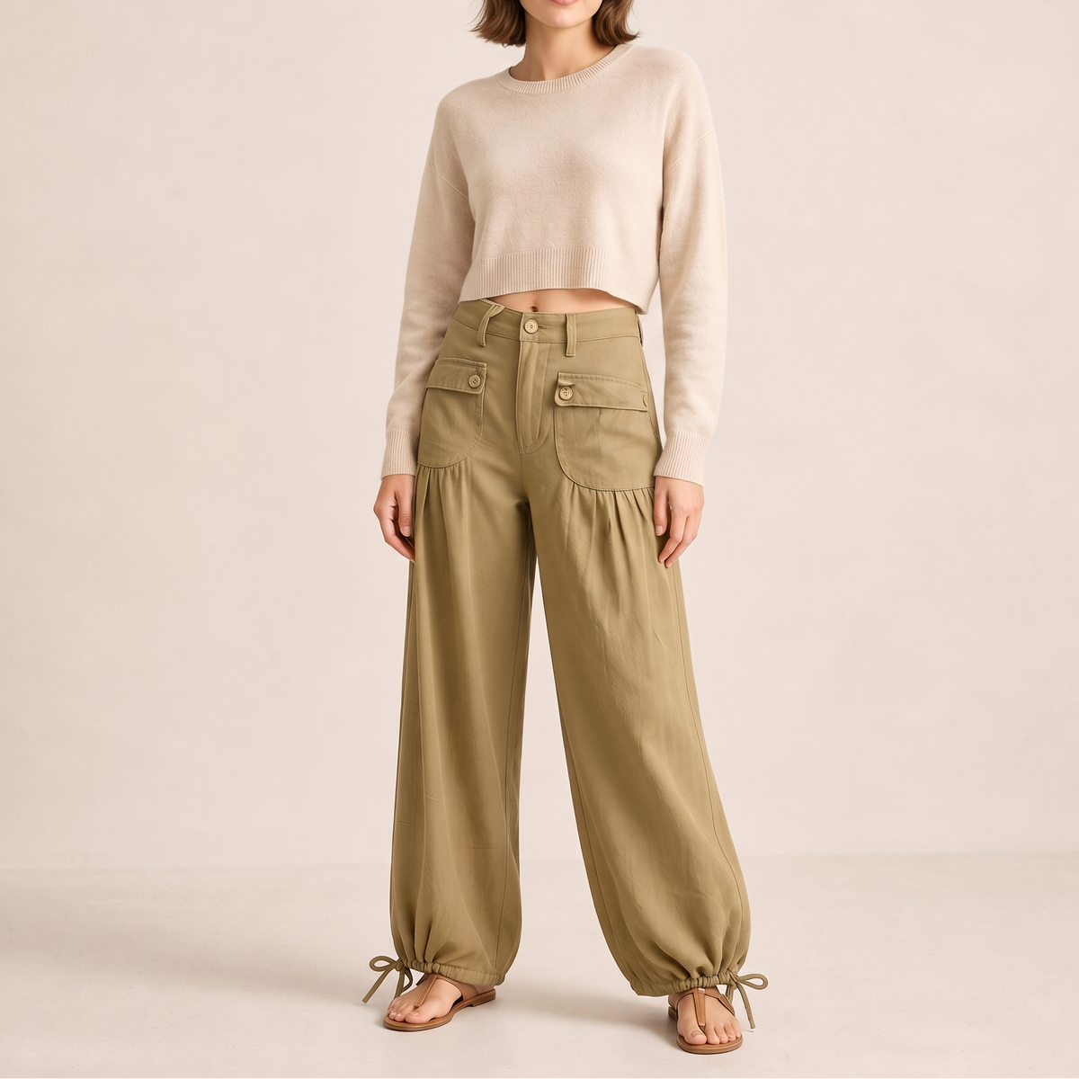 Front view of the jeans design in a tan color, showing cargo pockets, curved legs, and ankle ties.