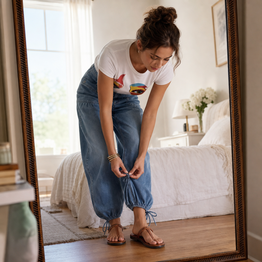 Mirror view highlighting the tapered ankle shape and adjustable tie hems of blue barrel leg jeans.