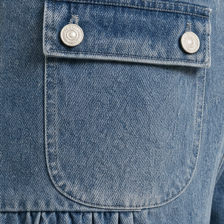 Close-up of a flap cargo pocket with two round buttons on the blue jeans.
