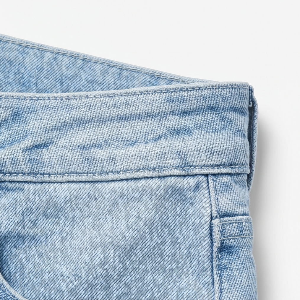 Close-up of the jeans’ upper side showing the waistband edge, belt-loop area, and front pocket stitching.