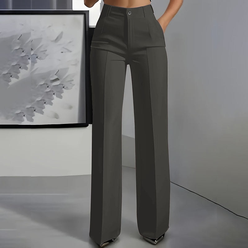 Front view of charcoal-gray high-waisted wide-leg pants with tailored seams and side pockets.