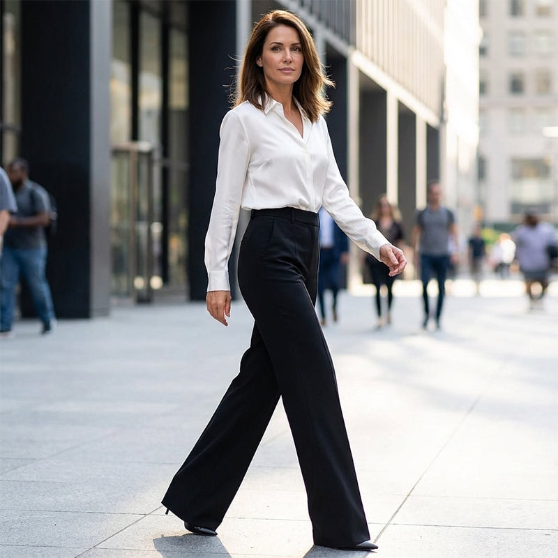 Model walking outdoors in black high-waisted wide-leg dress pants with a white blouse.