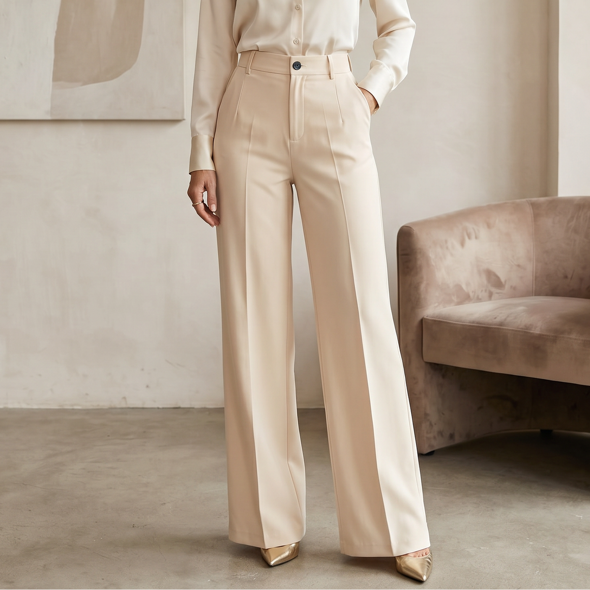 Cropped front view of cream high-waisted wide-leg dress pants, highlighting the button closure, front pleats, side pocket, and full-length legs.