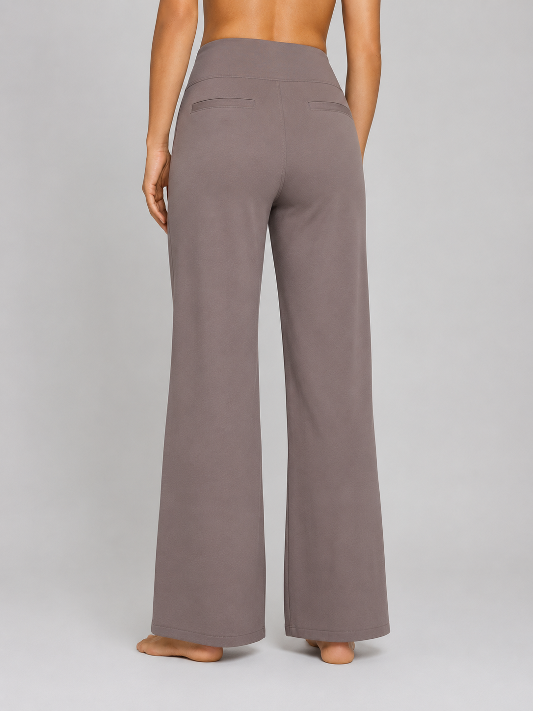 Back view of taupe wide-leg trousers showing the high waistband and streamlined rear design.