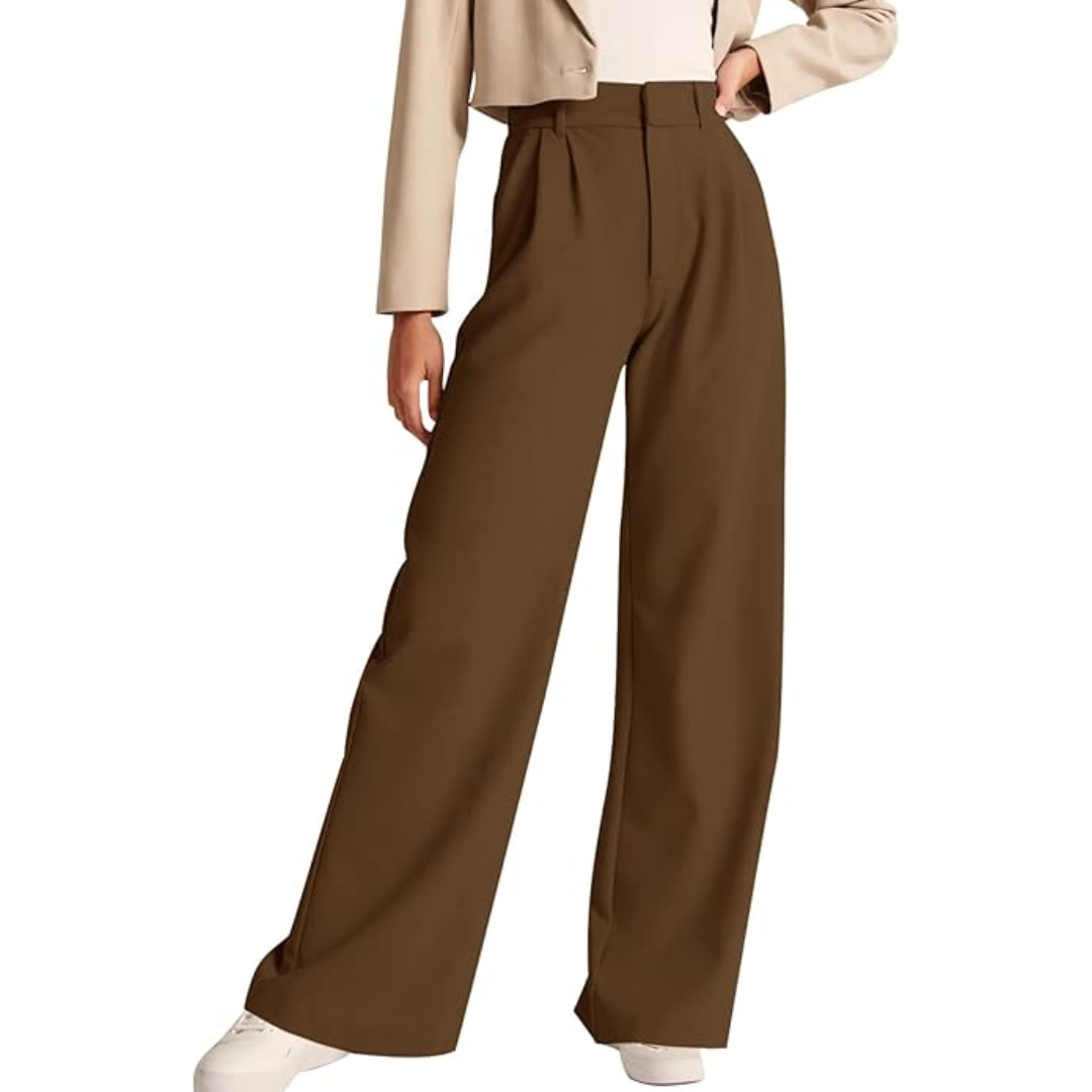 Dark brown wide-leg trousers with a high-rise waistband and tailored front pleats.
